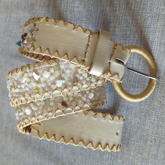 Leather Sequin Stone Embroidered Western Style Belt Cream Gold Stitching W's M - Picture 6 of 14